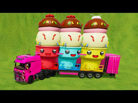 LOAD AND TRANPORTING GIANT ICE CREAM w/ MINI JOHN DEERE TRACTORS & MERCEDES TRUCK - FS22