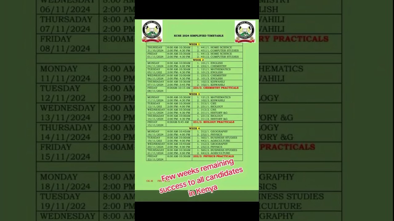 2024 kcse complete simplified examinations timetable from KNEC timetable body.all the best