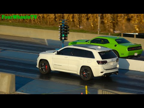 DODGE CHALLENGER SRT 392  HEMI vs JEEP GRAND CHEROKEE SRT DRAG RACING MOPAR CARS