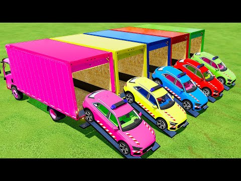 TRANSPORTING AUDI POLICE CARS WITH COLORED ISUZU TRUCKS - Farming Simulator 22