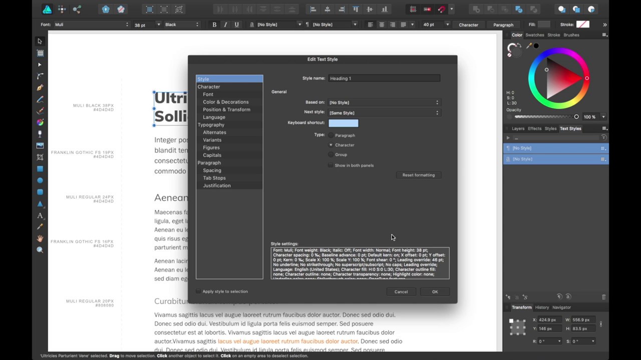 Affinity Designer Text Styles