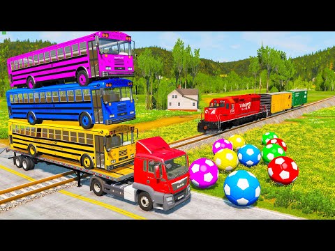 Flatbed Trailer Truck Rescue Bus - Cars vs Deep Water - Cars vs Rails and Trains - BeamNG Drive #09