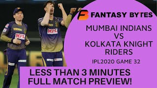IPL2020 - MI vs KKR - QUICK Match PREVIEW, Fantasy Team- Mumbai vs Kolkata- GAME 32- FANTASY BYTES