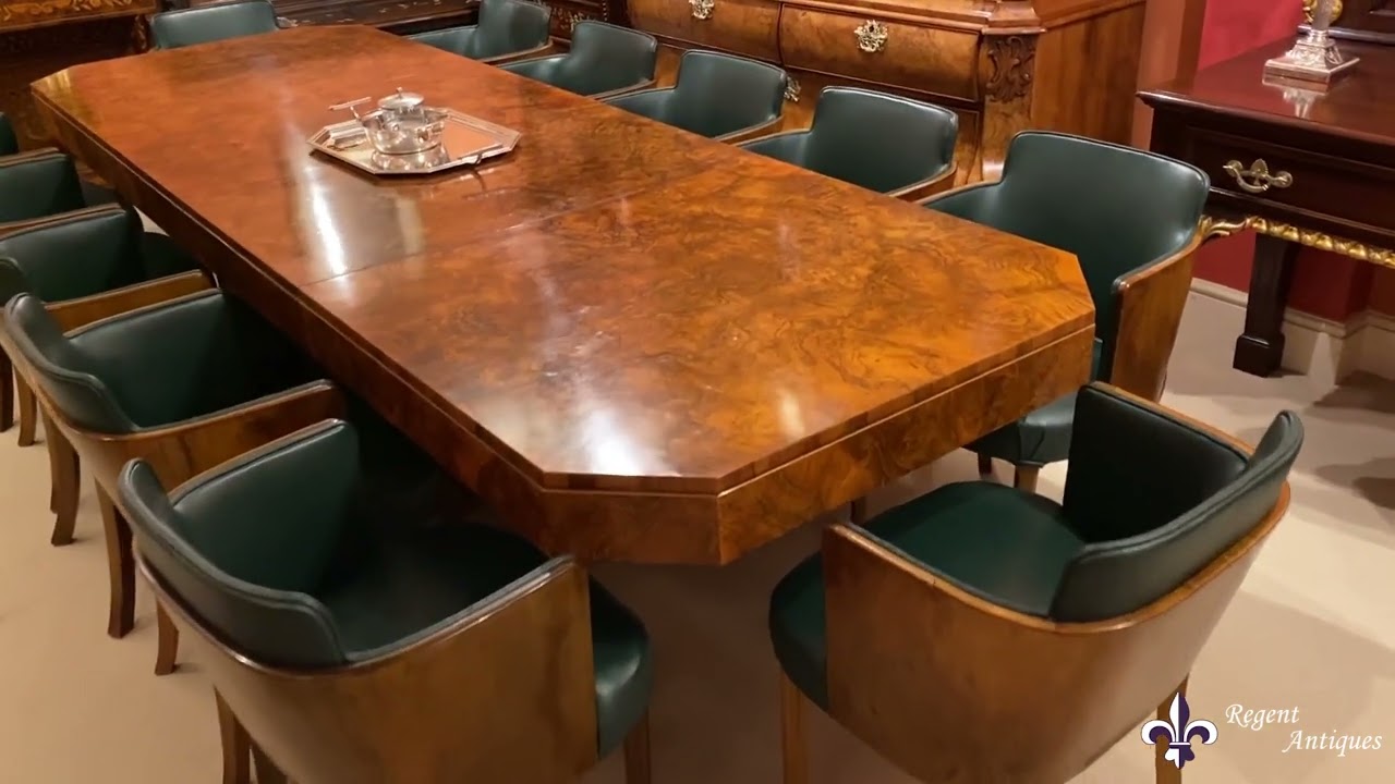 Antique Art Deco Burr Walnut Dining Table & Chairs by Hille