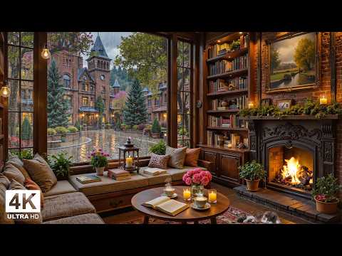 Gentle Rain & Cozy Coffee Shop Music ☕ Smooth Jazz Piano, Fireplace Sound for Work, Study and Relax