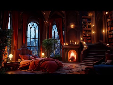Heavy Thunderstorm in a Cozy Medieval Castle Room Haven with Rain and Fireplace Sounds Therapy