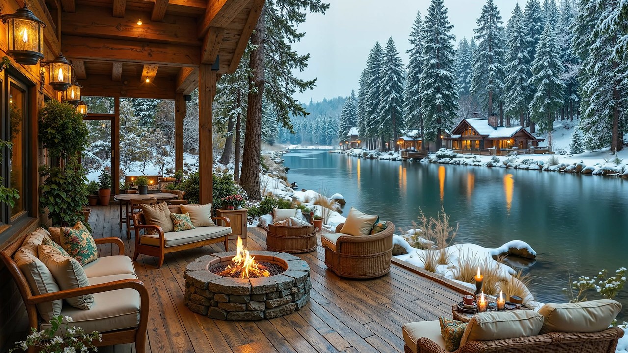 Late Winter Snowfall ❄️🌺 Early Spring | Relaxing Piano Music with Campfire by the Lakeside Cabin