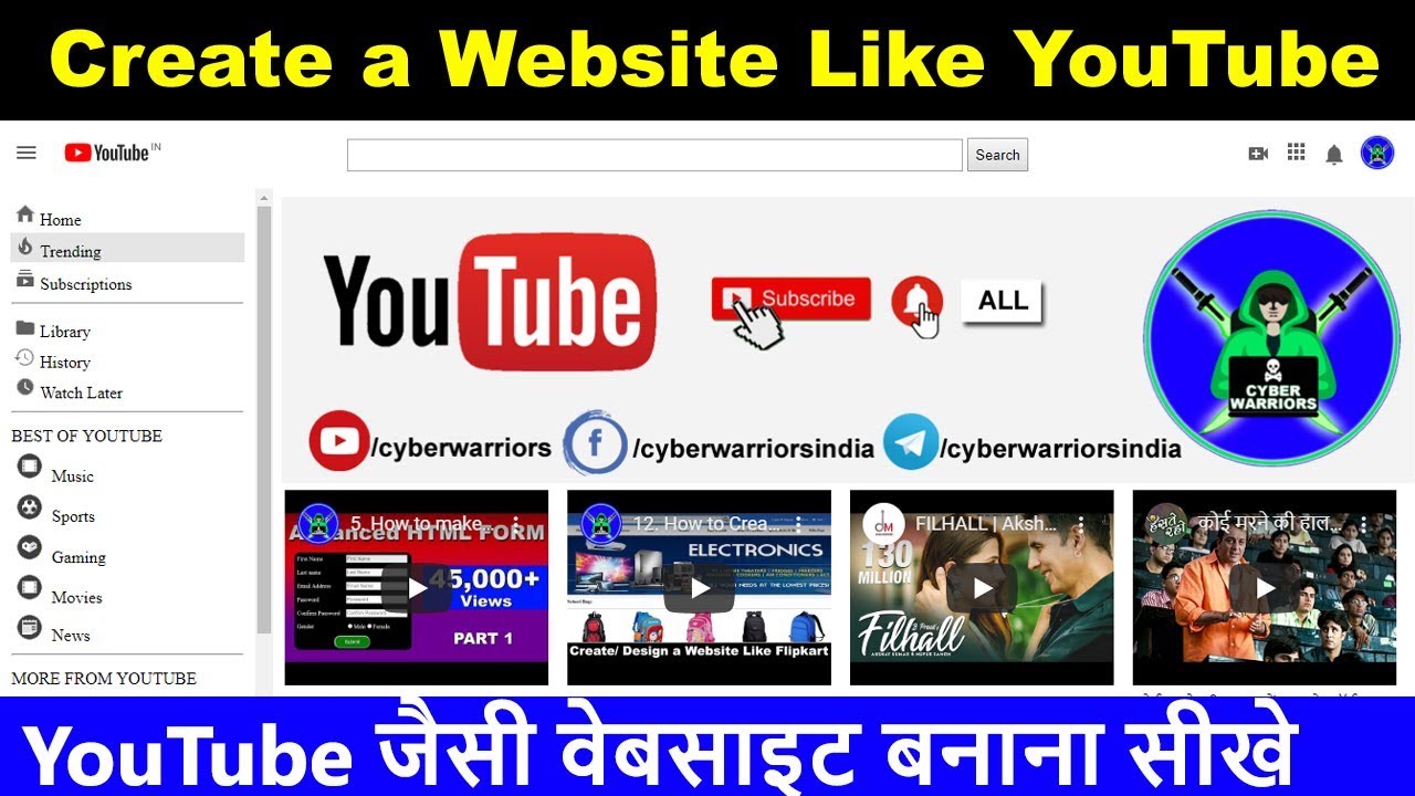 25. How to create website like YouTube, video sharing script, html tutorial, cyber warriors