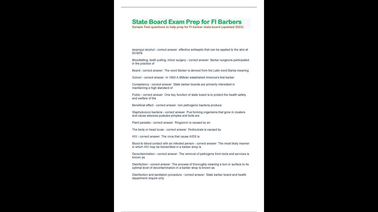 State Board Exam Prep for Fl Barbers Sample Test questions to help prep for Fl barber state board up