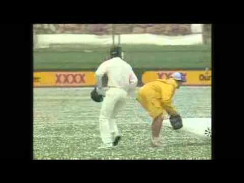Australian cricketers get pelted at the GABBA!! Dean Jones dodges a storm! Helmets Wanted!