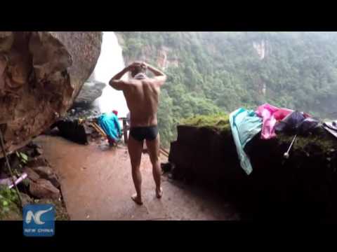 Waterfall diving challenging game for brave