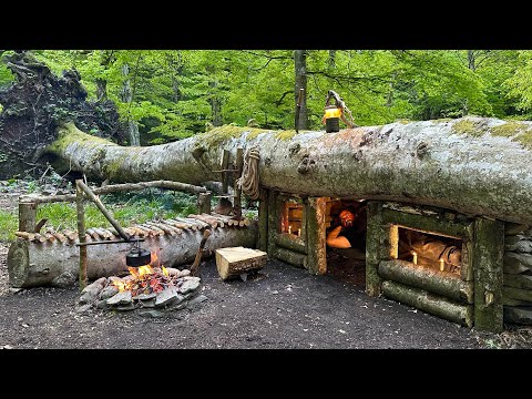 Bushcraft Shelter Camping; Building a Secret Survival Dugout Under a Fallen Tree