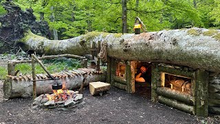 Bushcraft Shelter Camping; Building a Secret Survival Dugout Under a Fallen Tree