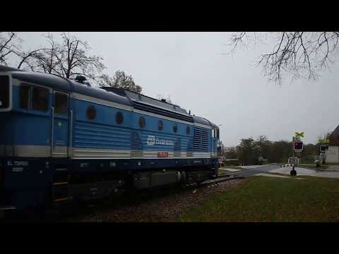 "Goggles" ČD 750-713 transports the R653, railway crossing Prague Street in Třebíč