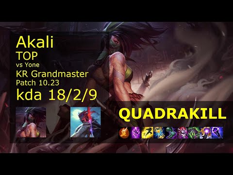 Akali Top vs Yone - KR Grandmaster 18/2/9 Patch 10.23 Gameplay // [롤] 아칼리 vs 요네 탑