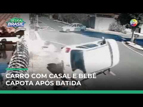 Carro capota com casal e bebê após motorista avançar e fugir em Barretos (SP) | #SeLigaBrasil