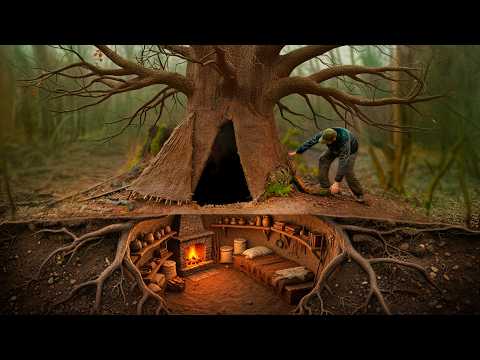 Building a Warm and Cozy Secret Shelter Deep Inside a large Tree. Bushcraft, Survival, Dugout.