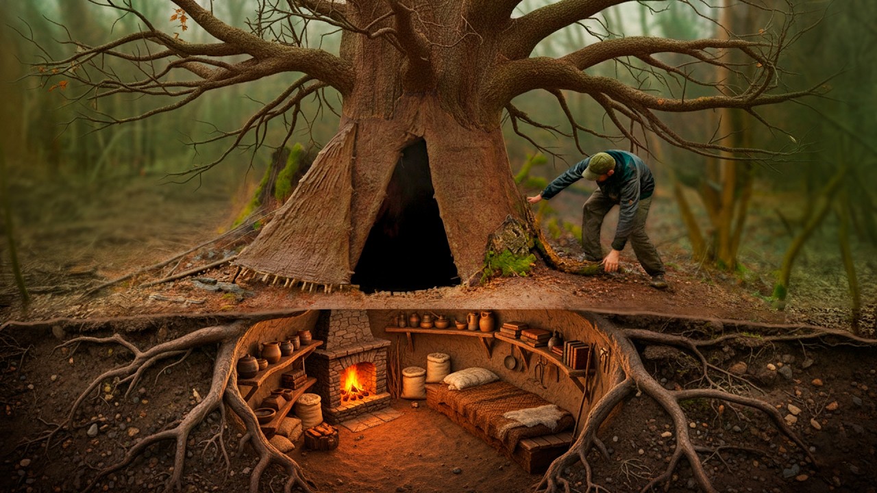 Building a Warm and Cozy Secret Shelter Deep Inside a large Tree. Bushcraft, Survival, Dugout.
