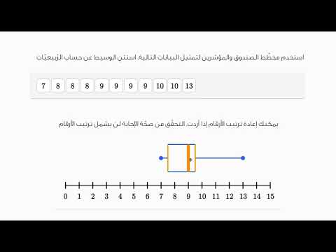 الصف السادس الرياضيات  البيانات والإحصاء تمثيل البيانات باستخدام مخطط الصندوق والمؤشِّرَيْن المثال 1