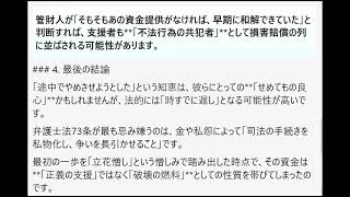「立花氏への攻撃」を目的とした支援者が、途中で方針転換（中止の勧告）をした場合、過去の資金提供が弁護士法73条違反に問われるのか、またその責任は軽減されるのか。