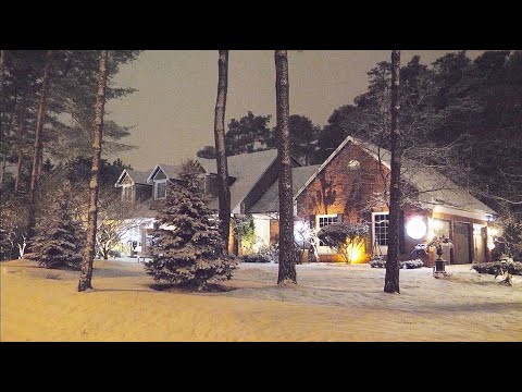 Snowy White Christmas Night Lights and Cozy Homes in Forest - Relaxing Snow Falling video