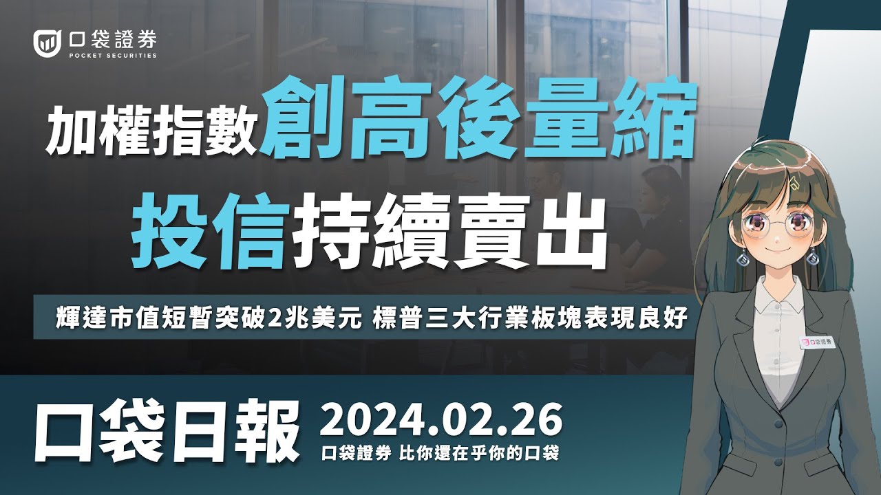 加權指數創高後量縮,投信持續賣出,輝達市值短暫突破2兆美元,標普三大行業板塊表現良好!2024.02.26