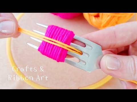 2 Superb Woolen Flower Making Trick Using Fork - Hand Embroidery Amazing Flower Design - Sewing Hack