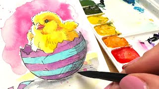Easter Chick in Egg Pen and Wash EASY Tutorial