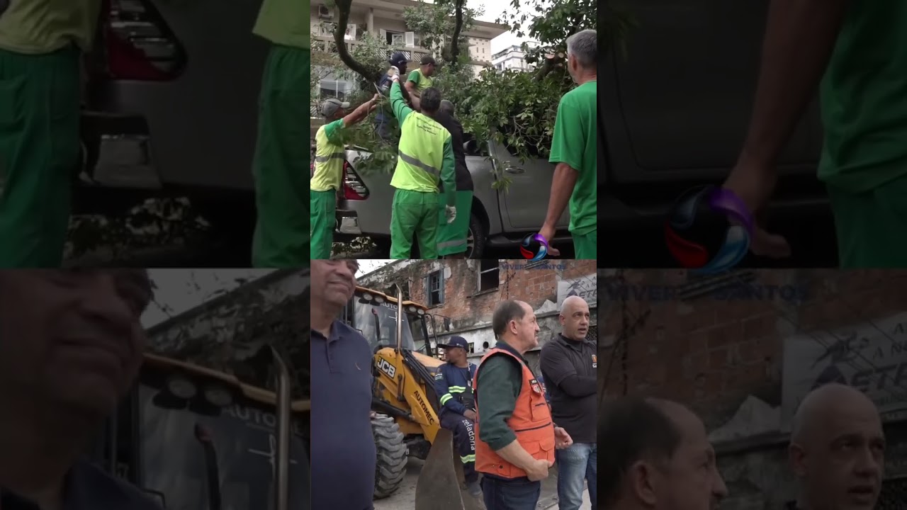 Prefeitura e Defesa Civil atuam no rescaldo após forte ventania em Santos.