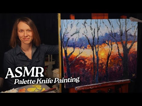ASMR Palette Knife Painting: Mountain Sunrise Through Trees (Soft Spoken, 2 Hours)