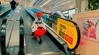 Funny Den ride on red sportbike to the kids store buy new toy 0+