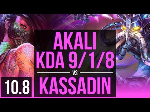 AKALI vs KASSADIN (MID) | KDA 9/1/8, 2 early solo kills, Legendary | KR Master | v10.8