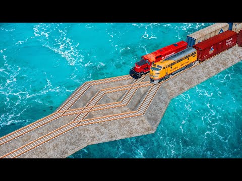 Double Colorful Train Vs McQueen Bus Vs Tangled Impossible Weird Rail Track Deepwater | BeamNG.drive
