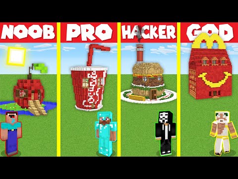 Minecraft Battle: FOOD STATUE BASE HOUSE BUILD CHALLENGE - NOOB vs PRO vs HACKER vs GOD / Animation