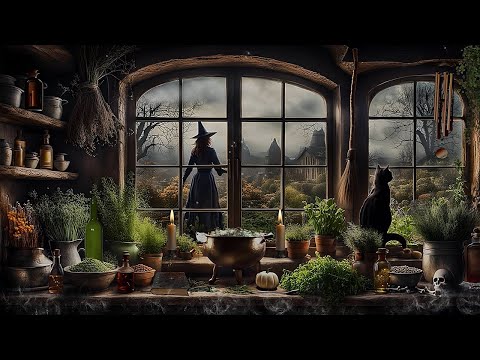 SPRING WITCH KITCHEN AMBIENCE-SPELLS & POTIONS-BLACK CAT-BUBBLING CAULDRON-RELAXING NATURE ASMR