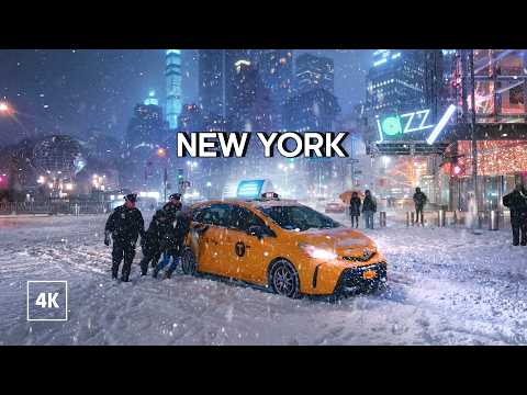 Walking in Heavy Snowstorm at Night in NEW YORK ❄️ Snowfall in Manhattan NYC Snow Walk 4K