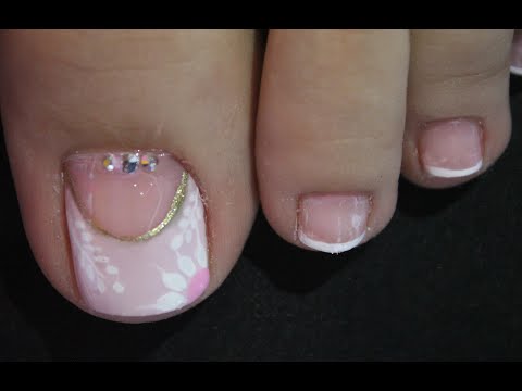 DISEÑO DE UÑAS PARA PIES FLORES CON FRANCES Y PIEDRAS – FRENCH NAIL ART – FLOWERS NAIL ART – NLC
