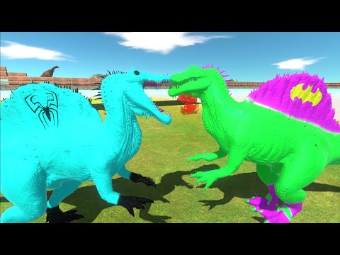 BLUE SPIDERMAN SPINOSAURUS vs PINK BATGIRL SPINOSAURUS DEATHRUN - Animal Revolt Battle Simulator