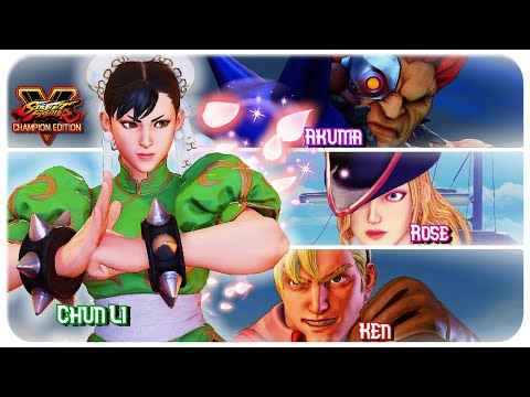 Street Fighter 5 Champion Edition Chun Li vs. Cyborg Akuma, Rose as Ruby and Ken as Falcon. HD