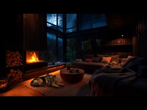 Cozy Rainy Night with Heavy Thunder & Fireplace | Dog & Cat | Warm Light, Mountains & Forest View