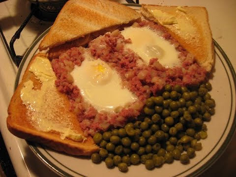 canned CORNED BEEF HASH with EGGS & sweet GREEN PEAS -...