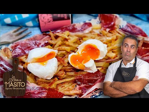 SIN GRASA Y SUPER RICOS HUEVOS ROTOS CON JAMON Y PATATAS ESPECIADAS