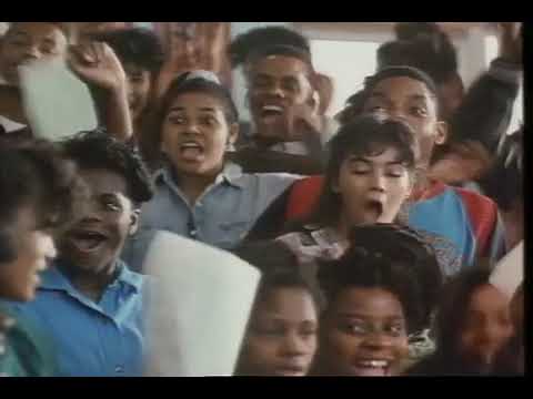 Lean On Me (1989) trailer frame with Eastside High hallway chaos during opening montage