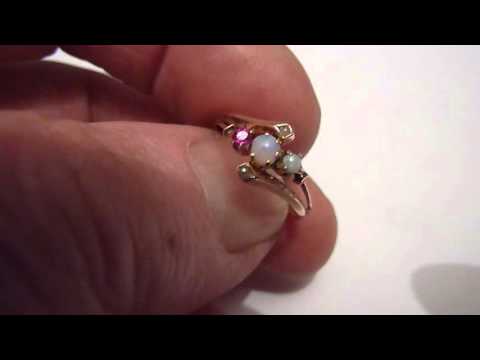 Antique 14ct Gold, Moonstone, Opal, Ruby & Pearl Dress Ring. Size. N