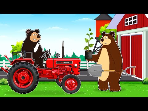 Farmers Works: Red Tractor - Harvesting and Dig a Hole to Plant Apple Tree | Farm Vehicles Animated