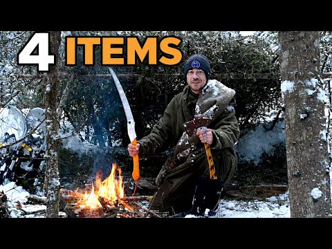 No Backpack, Winter Bushcraft Overnight - Only 4 Items