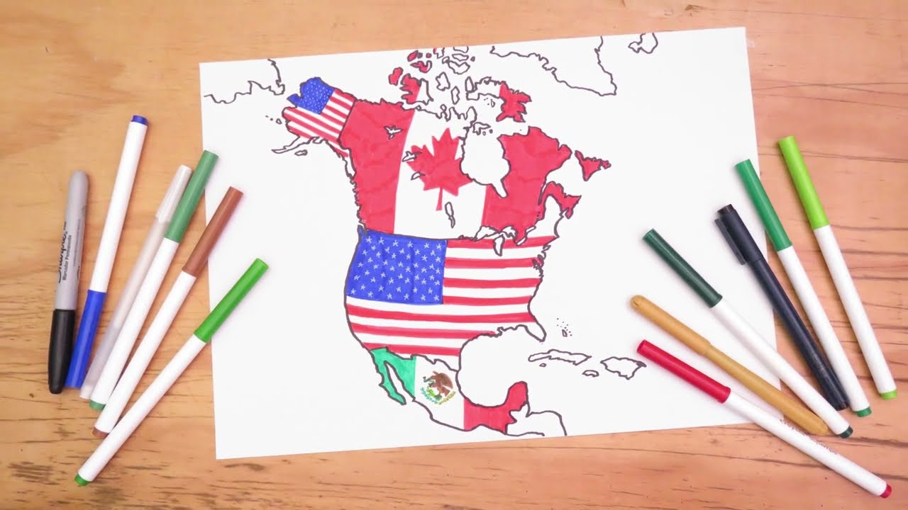 Dibuja el mapa de Norteamérica y las banderas nacionales
