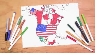 Dibuja el mapa de Norteamérica y las banderas nacionales