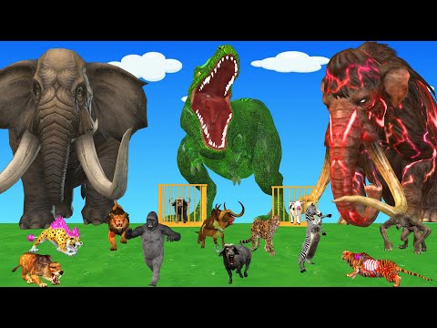 10頭の巨大マンモス vs 5頭の巨大トラライオン　赤ちゃん、3頭のウシ、ゴリラ、バッファローをウーリーマンモスが救出!