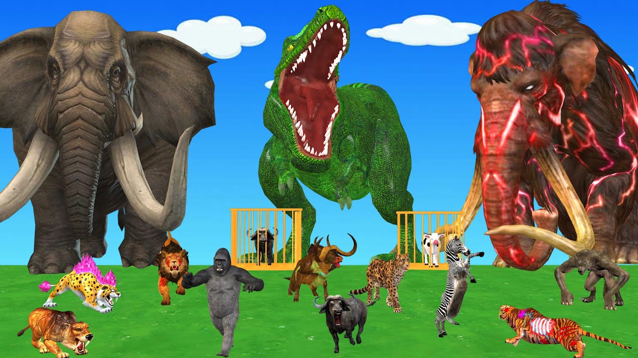 10 giant mammoths vs 5 tiger-lions—woolly mammoth rescues a baby, 3 cows, a gorilla & a buffalo.
